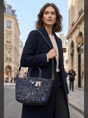 Rare Coach Chelsea Boucle Emerson Navy Blue Tweed Shoulder Tote Bag 17813